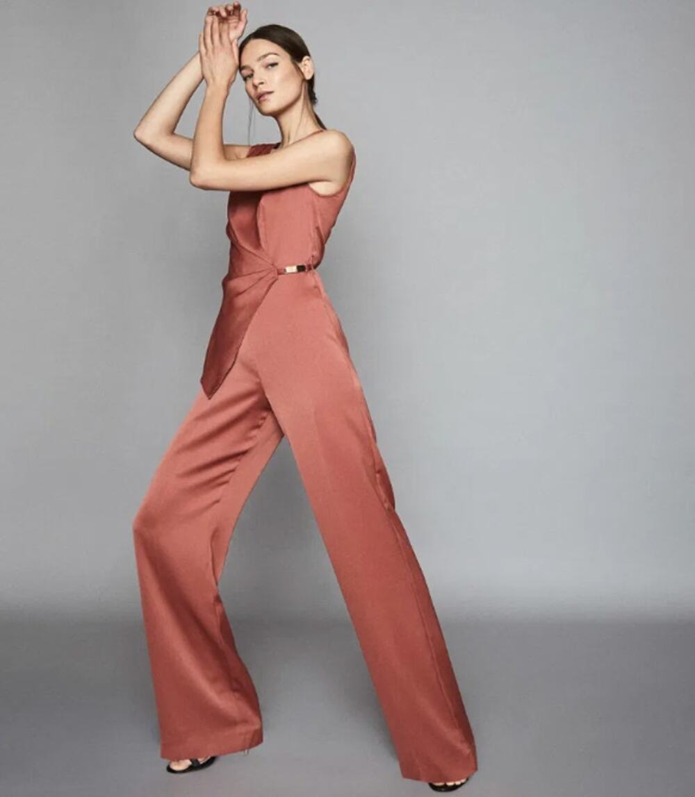 Reiss Vita Satin Wrap Front Wide Leg Jumpsuit in Rust Size 2 NWT